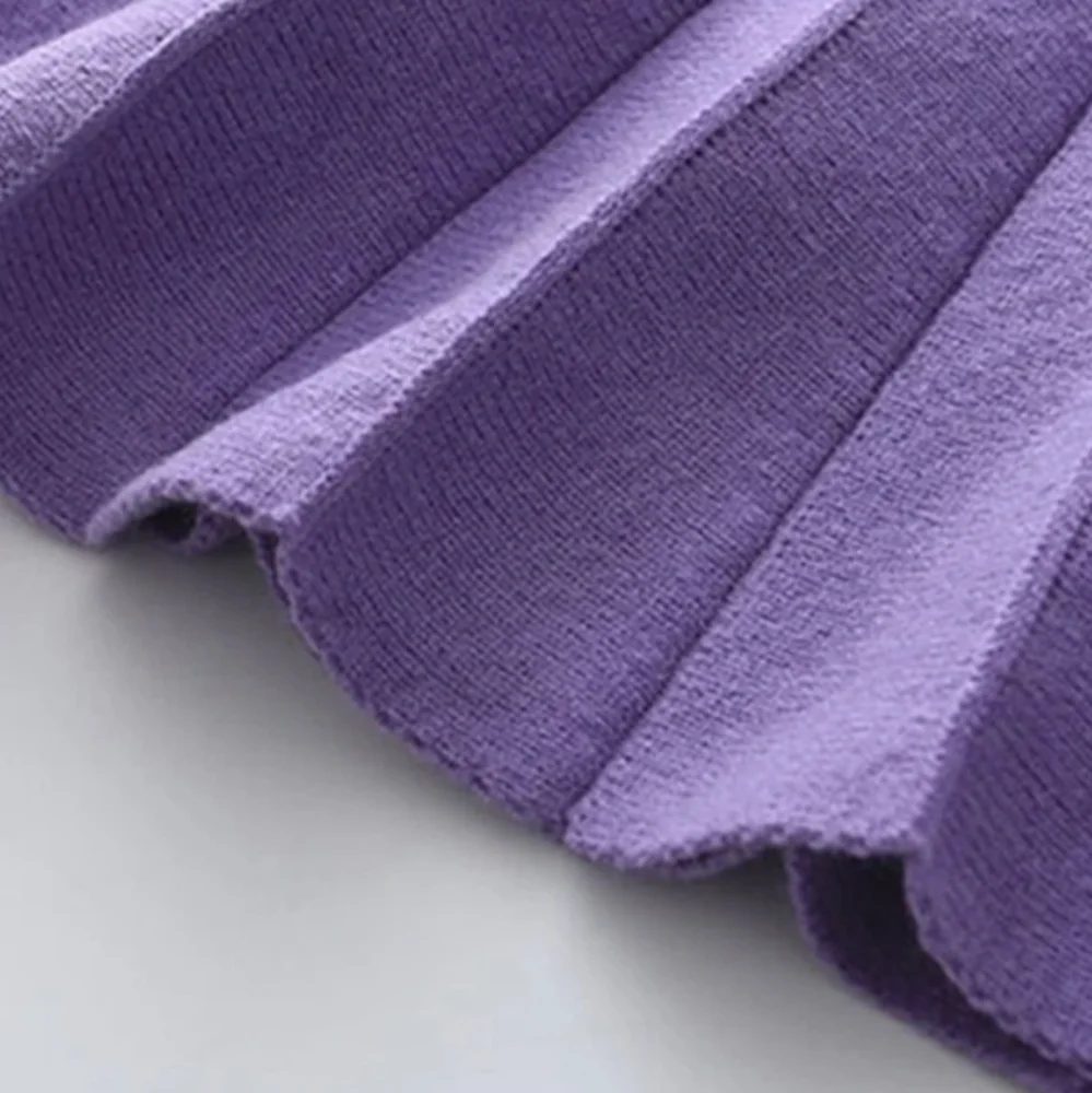 Spring Autumn Girls Grape Pom Pom Longsleeve Cardigan & Pleated Knit Skirt 2Pcs.